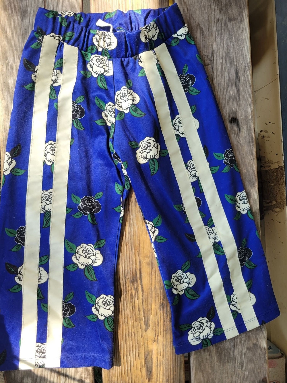 MINI RODINI SZ 4-5Y VGUC BLUE COLORFUL FLOWER print wide leg pants double Stripe